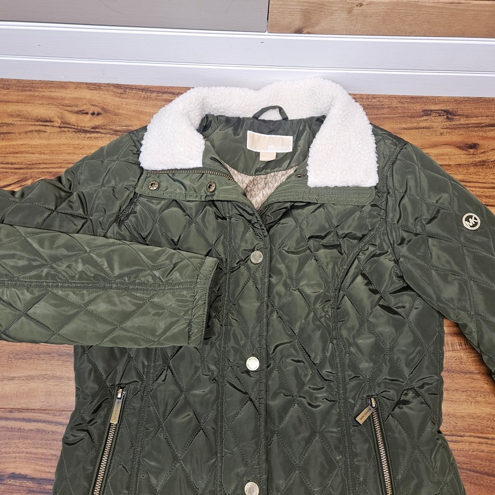 Michael Michael Kors‎ Womens Olive Green Quilted Jacket Faux Fur Trim Sz Small